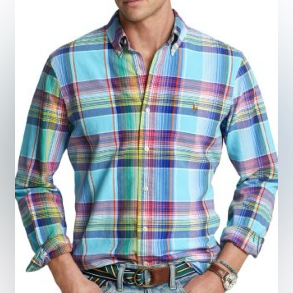 Polo Ralph Lauren Men's Blue Multicolor Classic Fit Plaid Oxford Shirt NWT- M